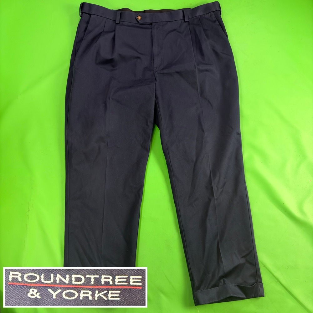 Roundtree & Yorke Dress Pants Mens 42/30 Navy Pleated Ultimate Expander Waist